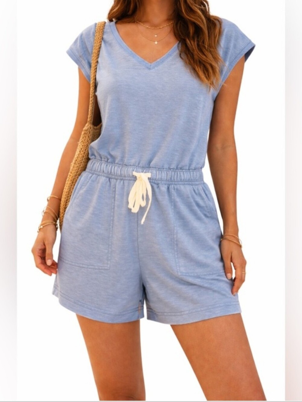 Casual V-Neck Blue Romper with Drawstring cotton Used  1 Time